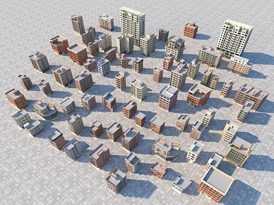 Various Styles Residential Buildings With Diverse Facades Arranged On Gray Ground 3d model