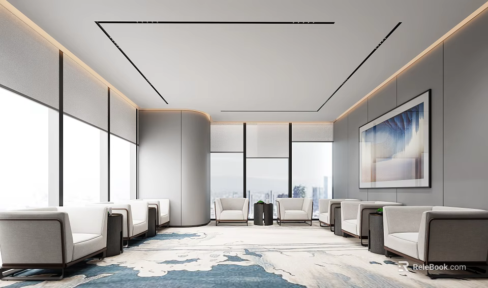 Modern Hotel Public Lounge Interior With Large Windows Comfortable Sofas Decorative Rug And Wall Artwork 3d model