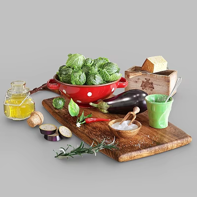 Red Bowl with Fresh Cabbage Eggplant Butter Olive Oil and Rosemary on Wooden Cutting Board 3d model