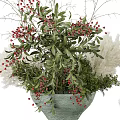 Decorative Vase Arrangement With Red Berries Green Leaves And White Feathery Plants