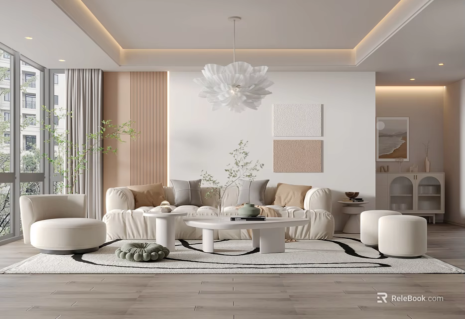 Modern Living Room Interior With Beige Sofa Accent Pillows Round Coffee Table And Flower Chandelier 3d model 