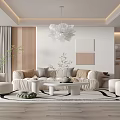 Modern Living Room Interior With Beige Sofa Accent Pillows Round Coffee Table And Flower Chandelier
