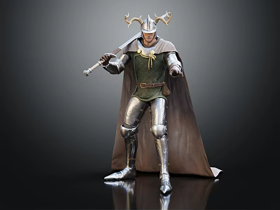 Warrior With Horned Helmet Holding Sword In Silver Armor Green Tunic And Cape 3d model