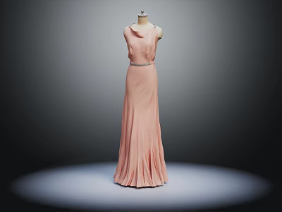 Elegant Sleeveless Pink Floor Length Gown With Belt On Mannequin 3d model