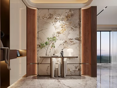 Modern Elegant Entryway With Marble Wall Wooden Decor Console Table And Green Plant 3d model