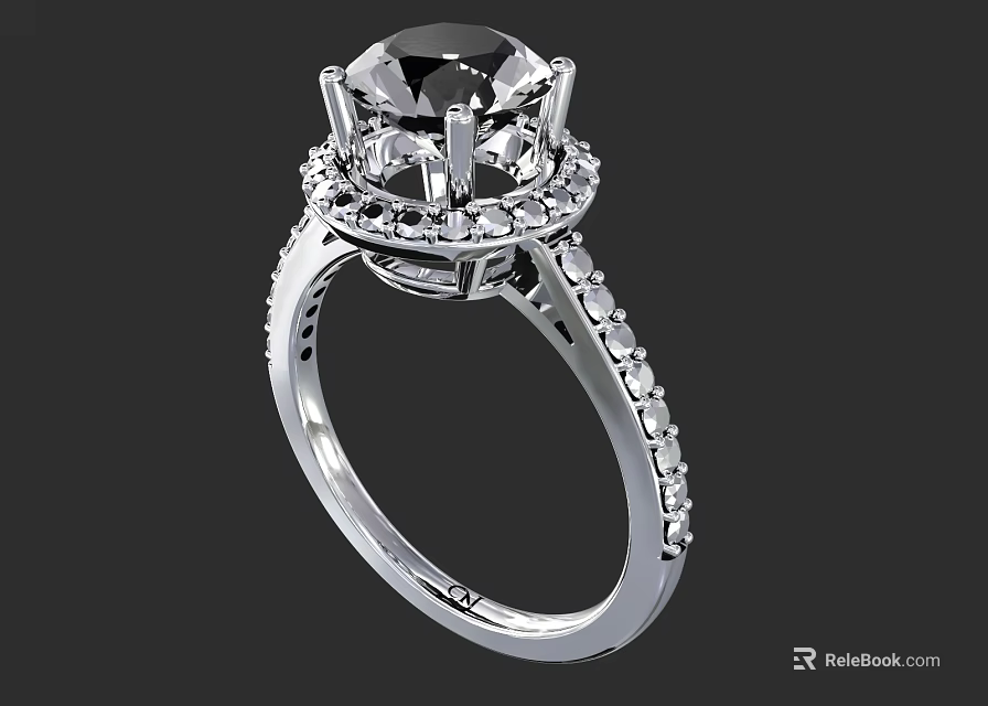 Elegant Platinum Diamond Ring With Round Center Stone Halo Setting And Side Stones 3d model 