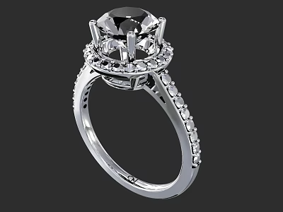 Elegant Platinum Diamond Ring With Round Center Stone Halo Setting And Side Stones 3d model