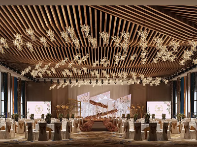 Elegant Banquet Hall With Wooden Slat Ceiling Golden Chandeliers Floral Stage Backdrop And Dining Tables 3d model