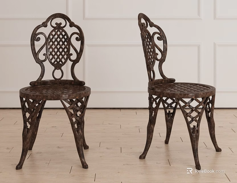 Vintage Metal Leisure Chairs With Ornate Carved Backrest And Intricate Leg Design 3d model 
