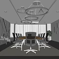 Modern Conference Room Interior Design With Long Table Black Chairs Circular Pendant Lights And Sofa Area