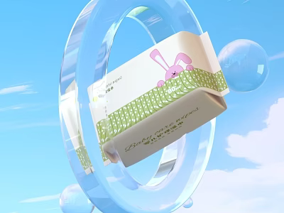 Rabbit Design Packaging With Blue Ring Bubbles And Blue Sky White Clouds 3d model