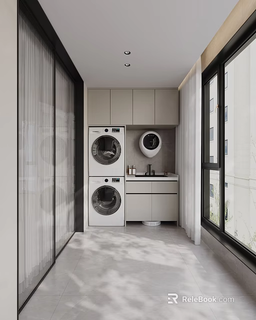 Home Balcony Laundry Area With Washing Machine Dryer Cabinets And Sink 3d model 