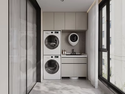 Home Balcony Laundry Area With Washing Machine Dryer Cabinets And Sink 3d model