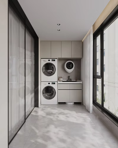 Home Balcony Laundry Area With Washing Machine Dryer Cabinets And Sink 3d model