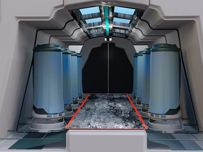Cartoon Sci Fi Lab Interior With Blue Cylindrical Devices Red Bordered Path And Ceiling Lights 3d model