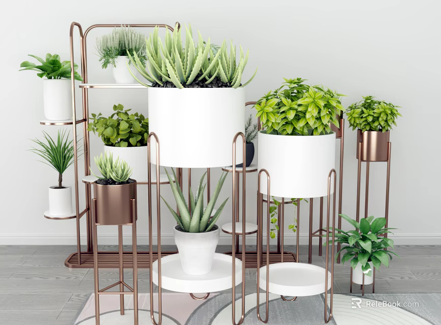 Bonsai Potted Plants Display On Multi Tiered Metal Stands With White And Copper Pots 3d model 