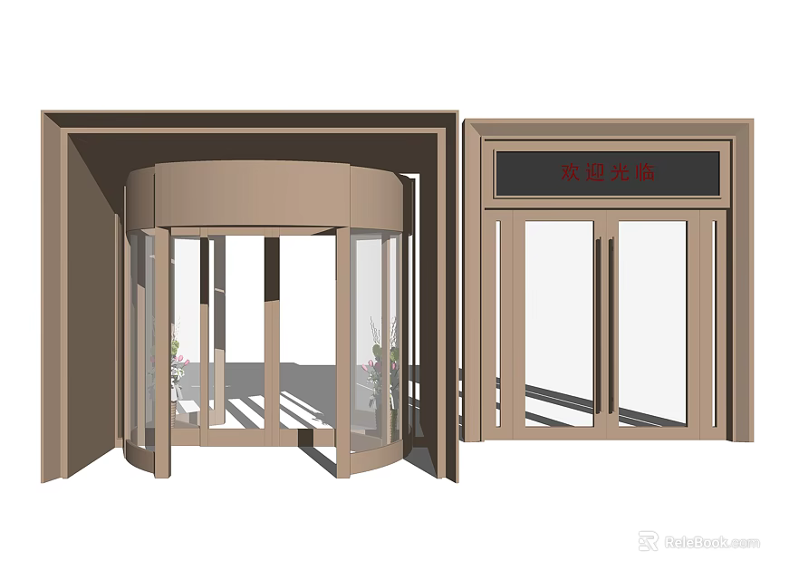 Modern Revolving And Double Door Design With Metal Frame And Glass Panels 3d model 