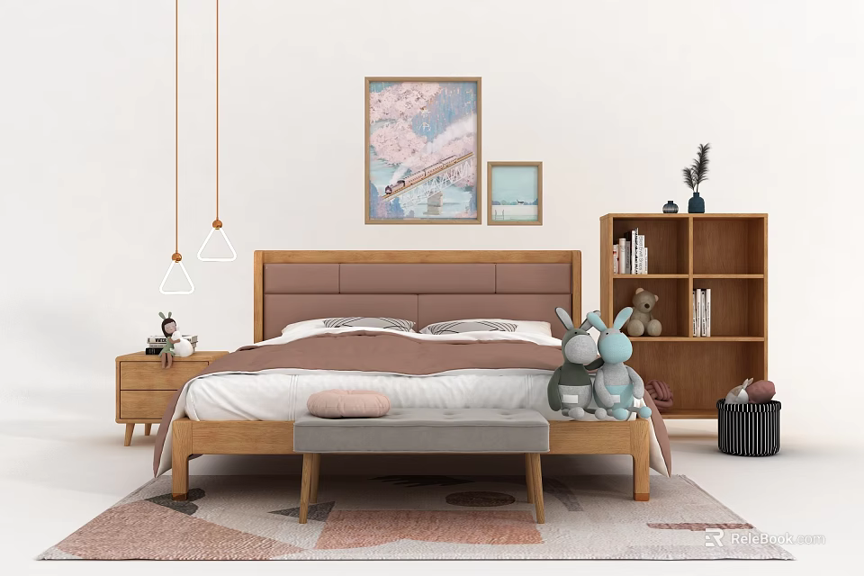 Double Bed With Brown Headboard Bedside Table Lamp Paintings And Bookshelf Decorations On Rug 3d model 