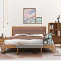 Double Bed With Brown Headboard Bedside Table Lamp Paintings And Bookshelf Decorations On Rug