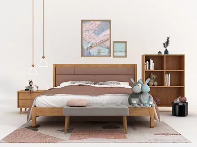 Double Bed With Brown Headboard Bedside Table Lamp Paintings And Bookshelf Decorations On Rug 3d model