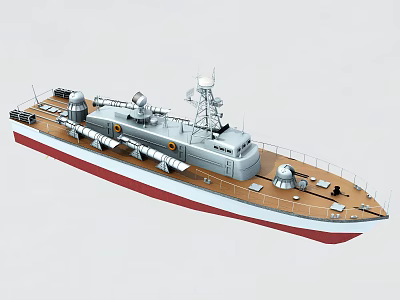 Gray Warship Model With Brown Deck Radar And Red Bottom Design 3d model
