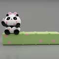 Cute Panda Doll With Pink Bow Sitting On Green Polka Dot Block