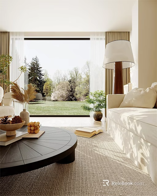 Bright Modern Living Dining Room Interior With Sofa Coffee Table Large Window And Green Plants 3d model 