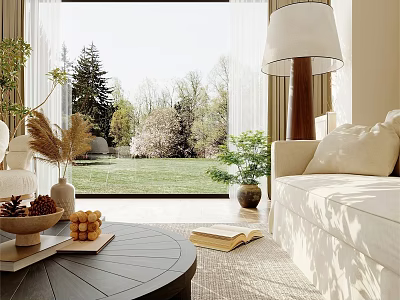 Bright Modern Living Dining Room Interior With Sofa Coffee Table Large Window And Green Plants 3d model