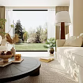 Bright Modern Living Dining Room Interior With Sofa Coffee Table Large Window And Green Plants