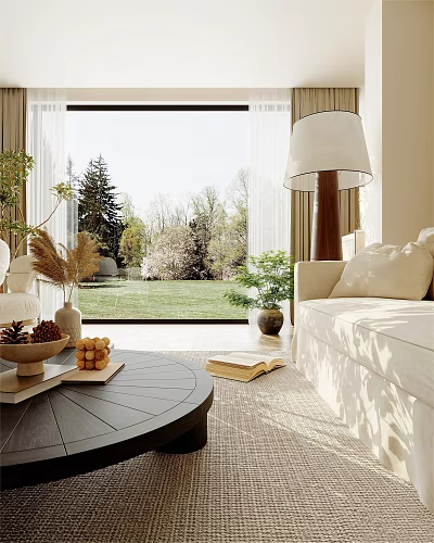 Bright Modern Living Dining Room Interior With Sofa Coffee Table Large Window And Green Plants 3d model