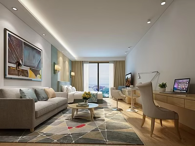 Hotel Guest Room Modern Interior With Sofa Bed Desk Chair Artwork And Patterned Rug 3d model