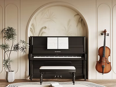 Elegant Music Room Interior With Black Piano Cello Sheet Music Decorative Wall And Potted Plant 3d model