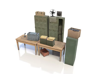Vintage Retro Collection With Green Storage Cabinets Wooden Tables and Old Devices 3d model