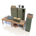 Vintage Retro Collection With Green Storage Cabinets Wooden Tables and Old Devices