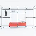 Modern Open Wardrobe With Metal Frame Red Drawers And Hanging Clothes