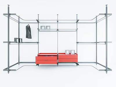 Modern Open Wardrobe With Metal Frame Red Drawers And Hanging Clothes 3d model