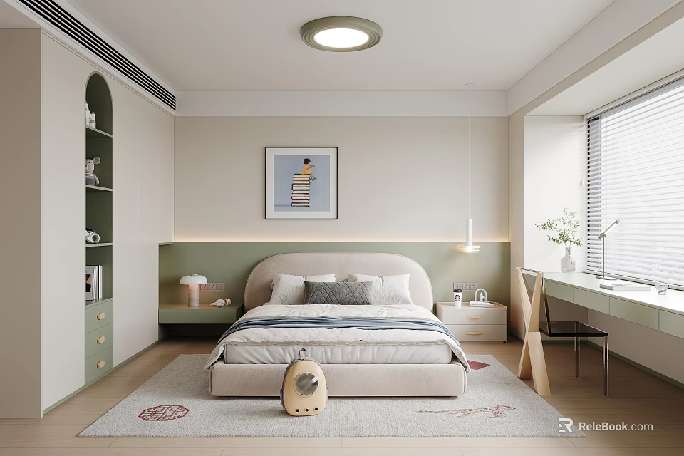 Modern Kids Room Interior Design With Bed Desk Bookshelf Rug And Decorative Art 3d model 