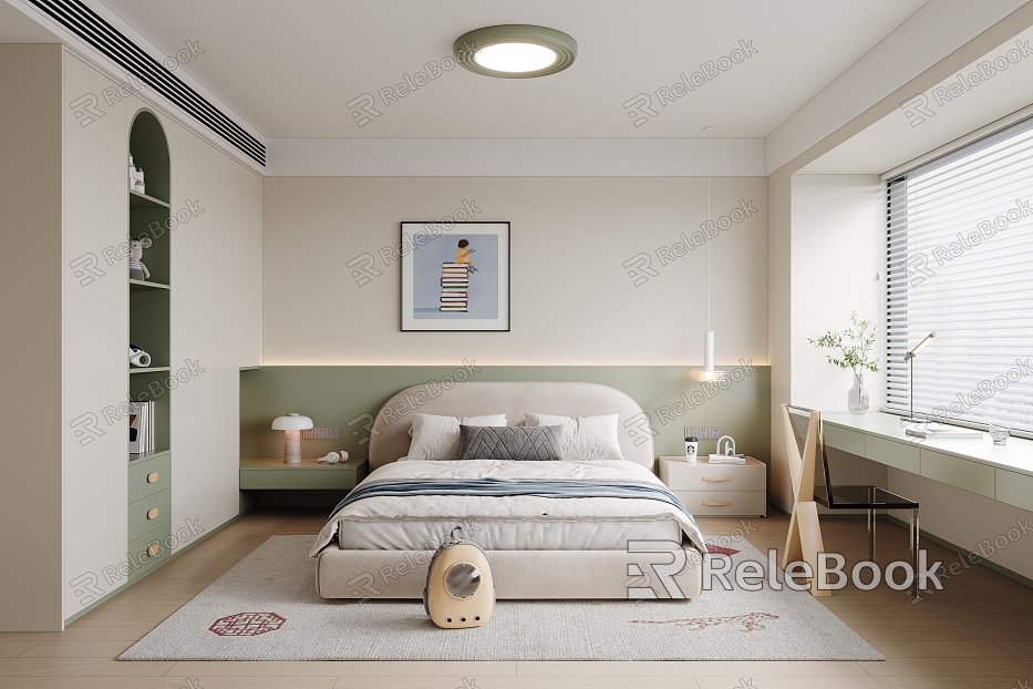 Modern Boys Room Double Bed Painting Carpet Single Chair Ceiling Lamp Small Chandelier Table Lamp Children's Toys model