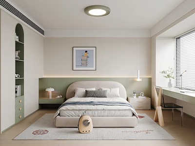 Modern Kids Room Interior Design With Bed Desk Bookshelf Rug And Decorative Art 3d model