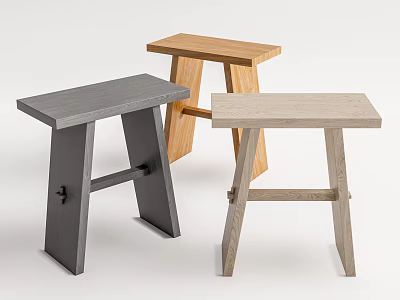 Three Various Colored Wooden Stools With Simple Modern Design And Square Seats 3d model