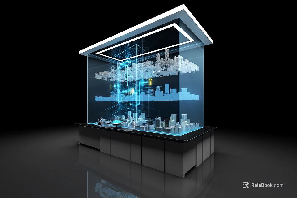 Modern Commercial Display Equipment With Transparent Glass City Model And Blue Lighting 3d model 