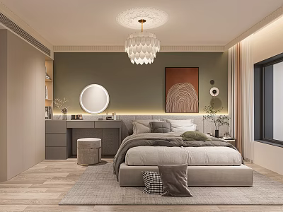 Modern Bedroom Interior With Comfortable Bed Chandelier Round Mirror Green Wall And Soft Rug 3d model