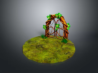 Scenic Landscape Featuring Circular Grassy Platform Brown Vine Arch Green Leaf Decorations And Small Plants 3d model