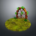 Scenic Landscape Featuring Circular Grassy Platform Brown Vine Arch Green Leaf Decorations And Small Plants