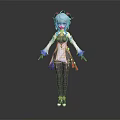 Anime Style Female Character With Blue Hair White Costume Purple Stockings And Red Shoes