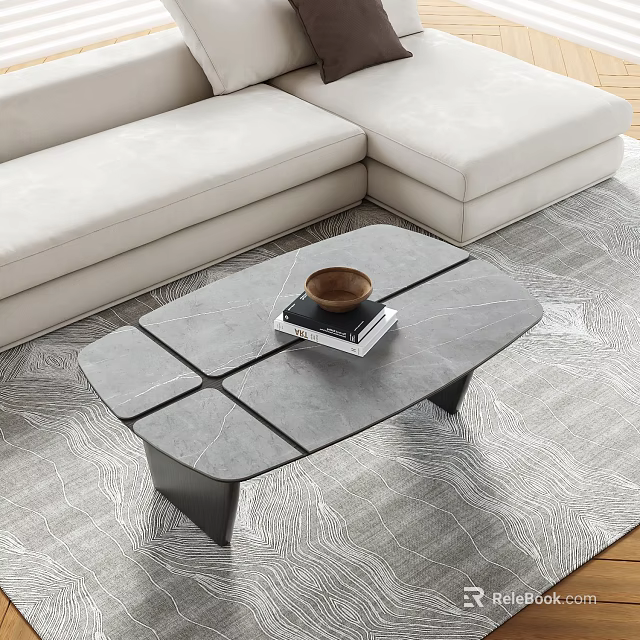 Modern Stone-top Coffee Table With Brown Bowl And Book In Living Room 3d model 