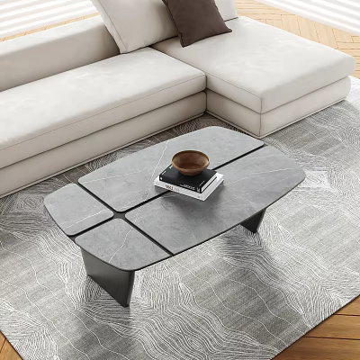 Modern Stone-top Coffee Table With Brown Bowl And Book In Living Room 3d model