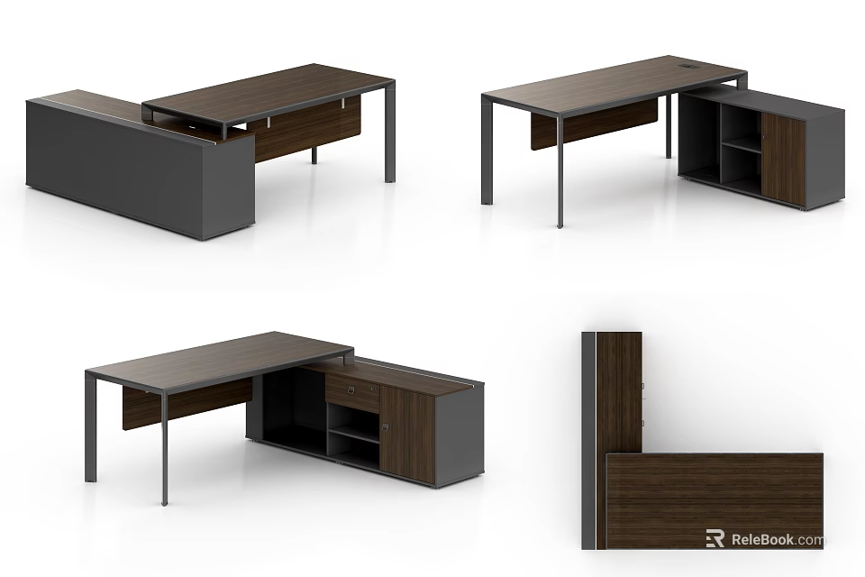 Modern Office Desk Design With Wooden Top Metal Frame Drawers And Storage Cabinets 3d model 