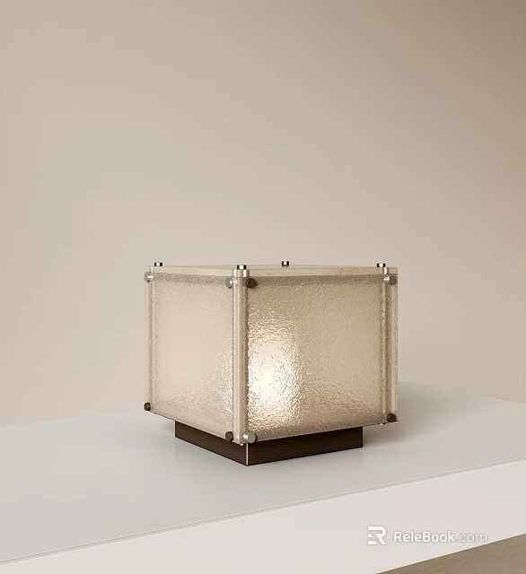 Square Glass Table Lamp With Metal Frame And Dark Base On White Tabletop 3d model 