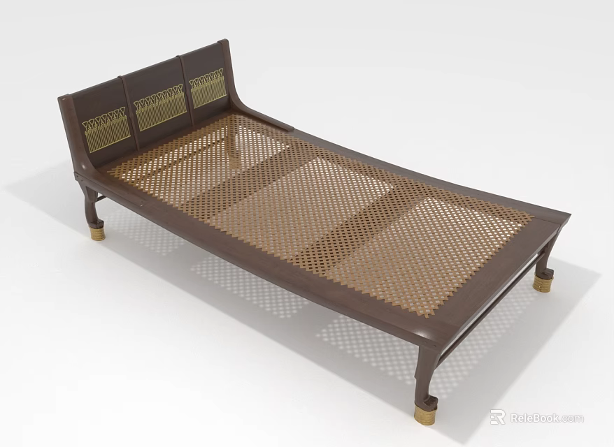 Multiple People Comfortable Rattan Bed With Wooden Frame And Golden Metal Legs 3d model 